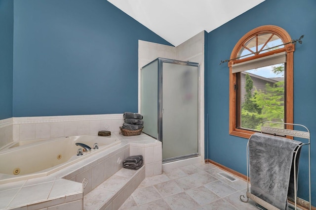 19415 Lisadell Dr, Tinley Park, IL 60487 - full bath featuring lofted ceiling, a shower stall, a whirlpool tub, and baseboards