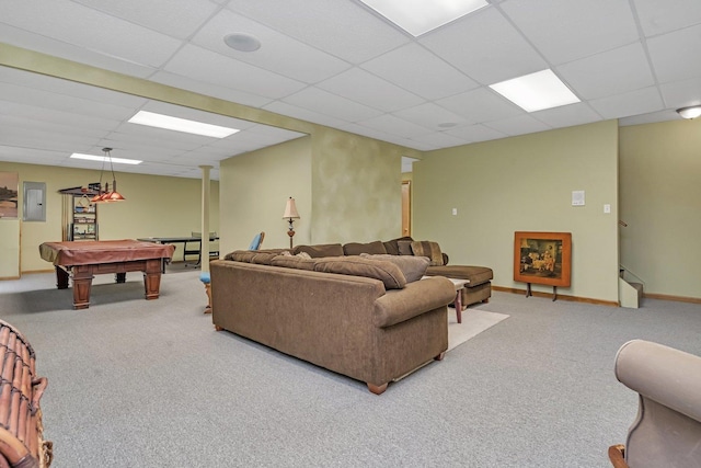 19415 Lisadell Dr, Tinley Park, IL 60487 - carpeted living area featuring a paneled ceiling, pool table, electric panel, and baseboards