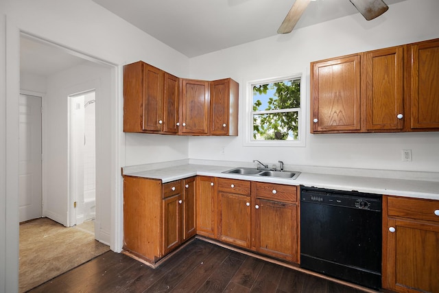 175 N Washington Ave, Kankakee, IL 60901 - kitchen featuring black dishwasher, dark wood-type flooring, a sink, and brown cabinets