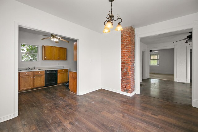 175 N Washington Ave, Kankakee, IL 60901 - kitchen with black dishwasher, brown cabinetry, a ceiling fan, light countertops, and dark wood-style flooring