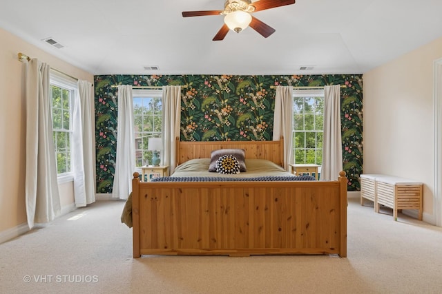720 Beaver Rd, Glenview, IL 60025 - bedroom featuring wallpapered walls, carpet, baseboards, and a ceiling fan