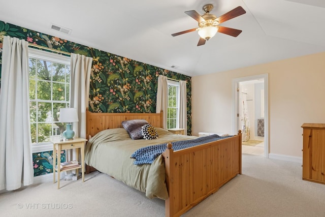 720 Beaver Rd, Glenview, IL 60025 - bedroom with wallpapered walls, light colored carpet, a wainscoted wall, baseboards, and a ceiling fan