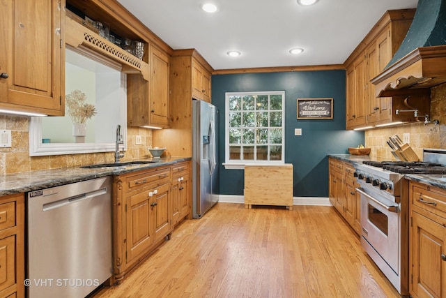 720 Beaver Rd, Glenview, IL 60025 - kitchen with appliances with stainless steel finishes, custom range hood, a sink, light wood-style floors, and baseboards