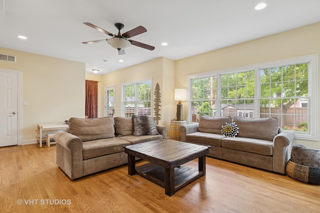 720 Beaver Rd, Glenview, IL 60025 - living room featuring ceiling fan, light wood finished floors, recessed lighting, and baseboards