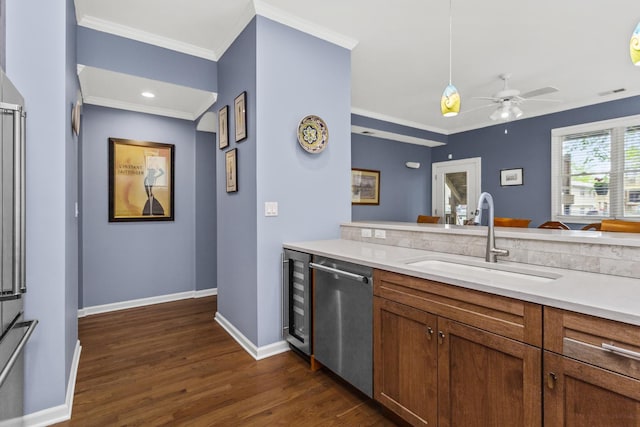 1237 W Farwell Ave Unit 2W, Chicago, IL 60626 - kitchen with stainless steel dishwasher, a sink, wine cooler, crown molding, and light countertops