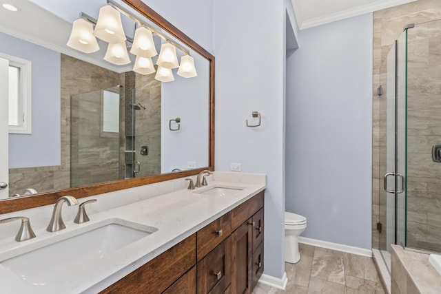 1237 W Farwell Ave Unit 2W, Chicago, IL 60626 - bathroom with crown molding, a shower stall, double vanity, toilet, and marble look tile flooring