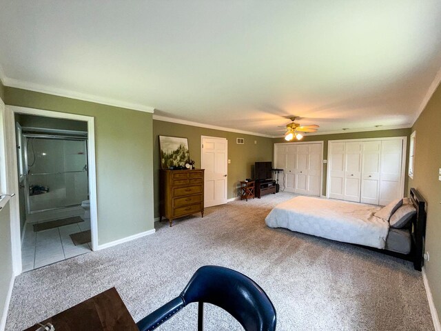 12533 S Iroquois Rd, Palos Park, IL 60464 - bedroom featuring carpet, two closets, baseboards, ensuite bathroom, and crown molding