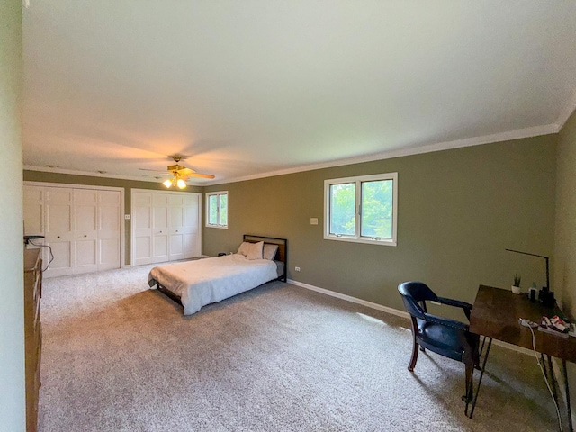12533 S Iroquois Rd, Palos Park, IL 60464 - bedroom featuring multiple closets, ornamental molding, carpet, baseboards, and a ceiling fan