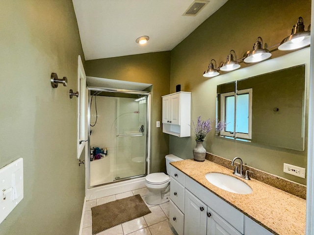 12533 S Iroquois Rd, Palos Park, IL 60464 - full bath with a shower stall, tile patterned floors, toilet, vanity, and vaulted ceiling
