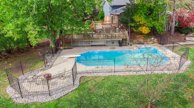 12533 S Iroquois Rd, Palos Park, IL 60464 - view of swimming pool with a wooden deck, stairs, a diving board, and a patio