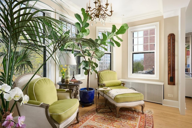 635 W Sheridan Rd Unit 3, Chicago, IL 60613 - living area featuring radiator, a chandelier, ornamental molding, wood finished floors, and baseboards