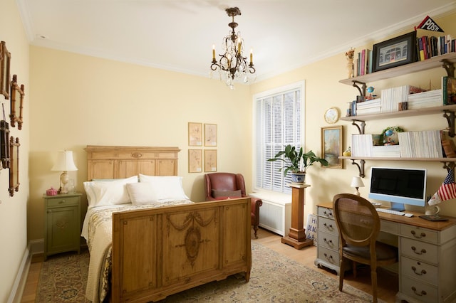 635 W Sheridan Rd Unit 3, Chicago, IL 60613 - bedroom featuring light wood-style flooring, a chandelier, an office area, radiator, and crown molding