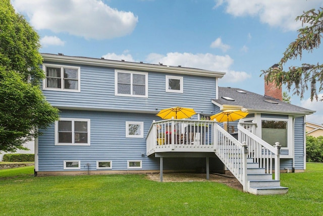 310 Westhaven Cir, Geneva, IL 60134 - back of house featuring a deck, a chimney, a lawn, and stairs
