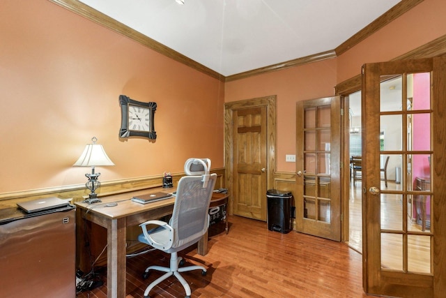 310 Westhaven Cir, Geneva, IL 60134 - office area with french doors, crown molding, a wainscoted wall, and wood finished floors