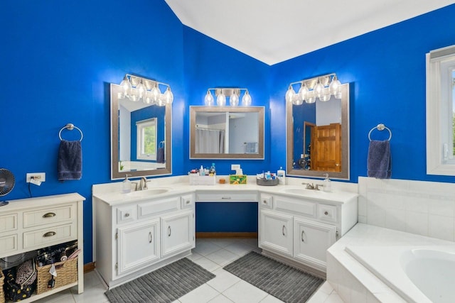 310 Westhaven Cir, Geneva, IL 60134 - full bath with double vanity, lofted ceiling, a garden tub, and tile patterned flooring