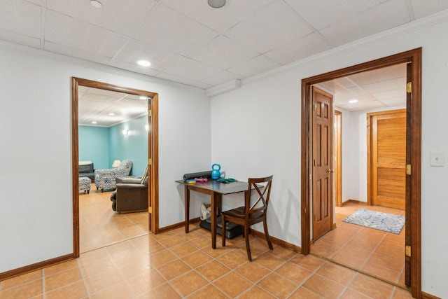 310 Westhaven Cir, Geneva, IL 60134 - corridor with recessed lighting, baseboards, a drop ceiling, light tile patterned floors, and crown molding