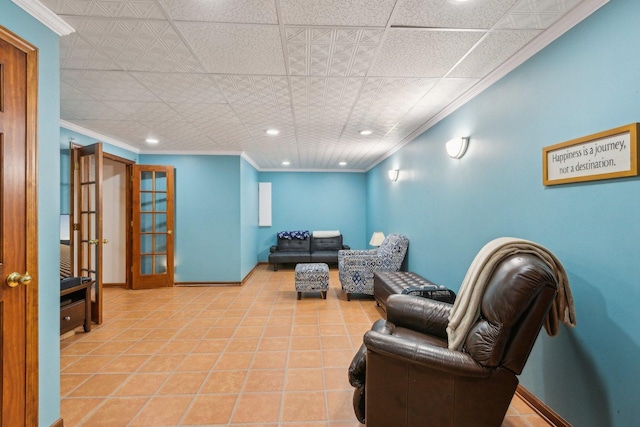 310 Westhaven Cir, Geneva, IL 60134 - living area with ornamental molding, baseboards, recessed lighting, tile patterned floors, and french doors