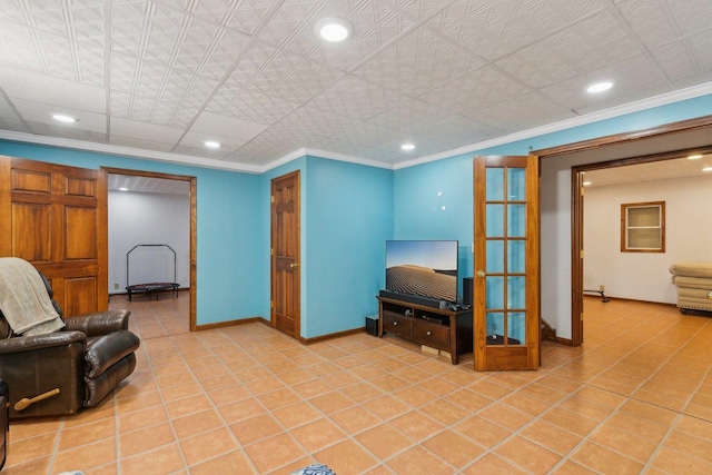 310 Westhaven Cir, Geneva, IL 60134 - sitting room featuring recessed lighting, crown molding, baseboards, light tile patterned flooring, and french doors