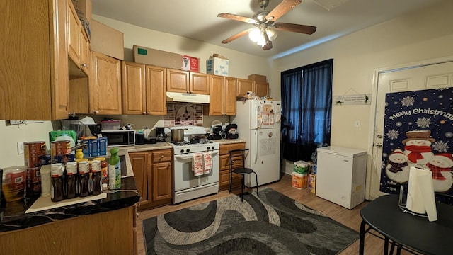 2160 S Millard Ave, Chicago, IL 60623 - kitchen featuring white appliances, under cabinet range hood, a ceiling fan, light wood-style floors, and brown cabinetry