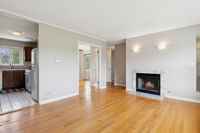 524 Michigan Ave Unit 3N, Evanston, IL 60202 - unfurnished living room with a sink, light wood-style floors, ornamental molding, a high end fireplace, and baseboards