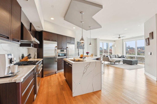 650 N Morgan St Unit 303, Chicago, IL 60642 - kitchen with high quality appliances, wall chimney range hood, a sink, light wood-type flooring, and ceiling fan