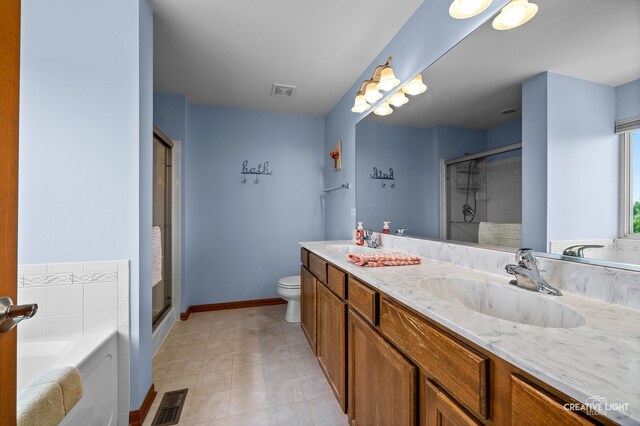 25411 W Juniper Ct, Plainfield, IL 60585 - bathroom with double vanity, a stall shower, a bath, and tile patterned floors