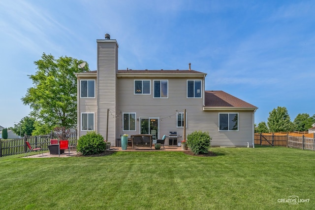 25411 W Juniper Ct, Plainfield, IL 60585 - back of house featuring a patio area, a fenced backyard, and a chimney