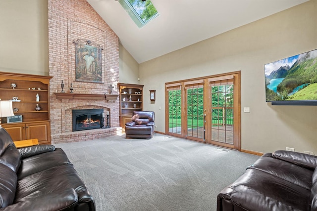 1514 Triple Crown Ct, Saint Charles, IL 60174 - living room with high vaulted ceiling, a skylight, carpet floors, healthy amount of natural light, and a brick fireplace