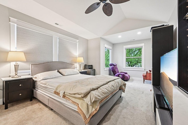 93 Liberty St, West Dundee, IL 60118 - bedroom featuring light colored carpet, vaulted ceiling, recessed lighting, ceiling fan, and baseboards
