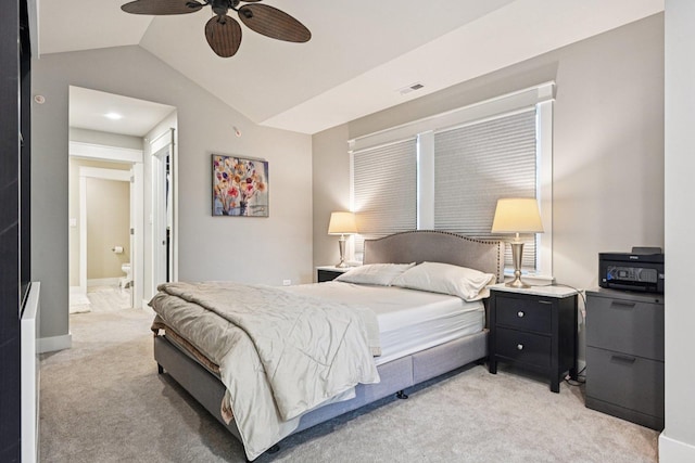 93 Liberty St, West Dundee, IL 60118 - bedroom featuring light colored carpet, lofted ceiling, ensuite bathroom, and ceiling fan