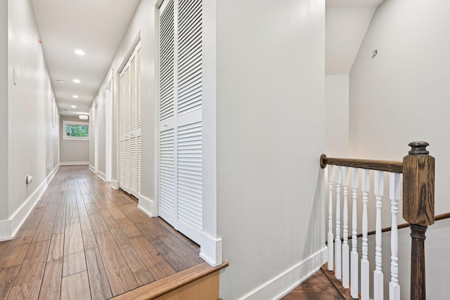 93 Liberty St, West Dundee, IL 60118 - corridor featuring an upstairs landing, hardwood / wood-style floors, recessed lighting, and baseboards