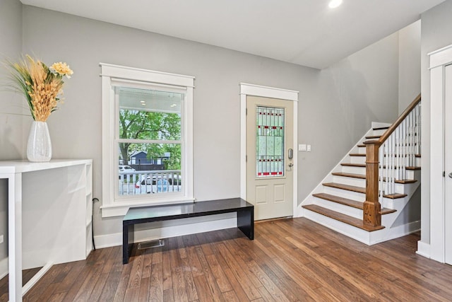 93 Liberty St, West Dundee, IL 60118 - foyer entrance with hardwood / wood-style flooring, stairway, recessed lighting, and baseboards