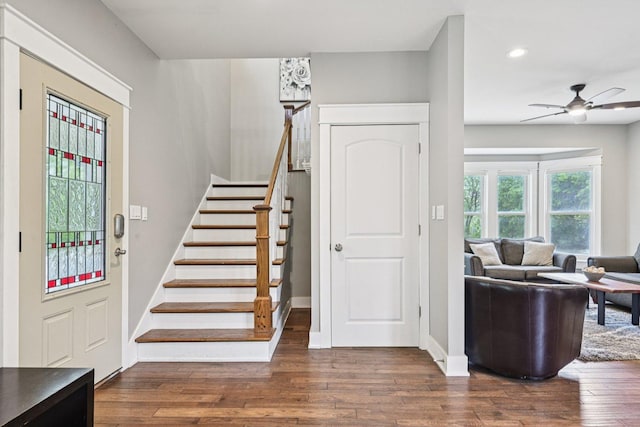 93 Liberty St, West Dundee, IL 60118 - stairs with wood finished floors, a ceiling fan, recessed lighting, and baseboards