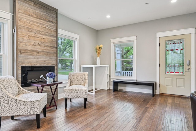93 Liberty St, West Dundee, IL 60118 - living area featuring hardwood / wood-style floors, a large fireplace, and recessed lighting