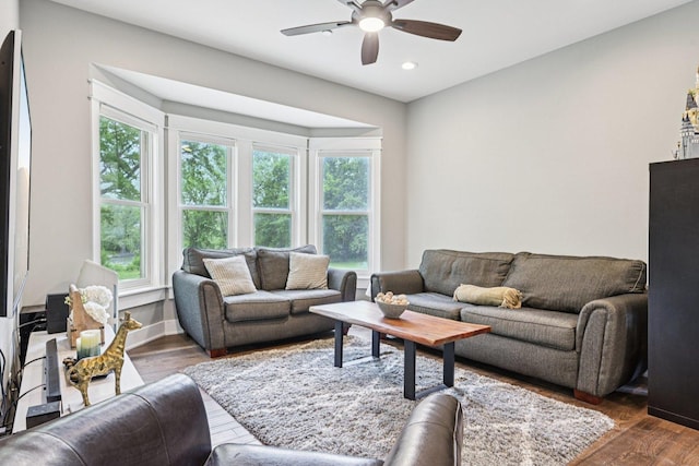 93 Liberty St, West Dundee, IL 60118 - living room featuring ceiling fan, healthy amount of natural light, dark wood-type flooring, recessed lighting, and baseboards