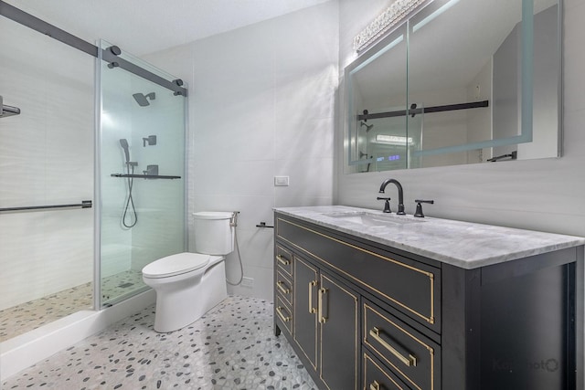 222 N Columbus Dr Unit 2808, Chicago, IL 60601 - bathroom featuring tile walls, toilet, vanity, and a stall shower