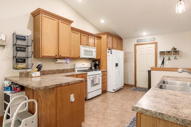 694 Lake Summerset Rd, Davis, IL 61019 - kitchen with white appliances, a sink, lofted ceiling, a peninsula, and a kitchen breakfast bar