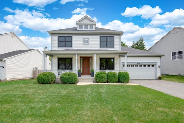 2907 Camden Dr, West Chicago, IL 60185 - traditional style home featuring covered porch, driveway, an attached garage, a front yard, and a shingled roof