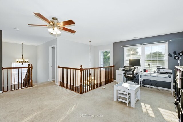 16347 W Cagwin Dr, Lockport, IL 60441 - living area featuring a chandelier, an office area, an upstairs landing, ceiling fan, and light colored carpet