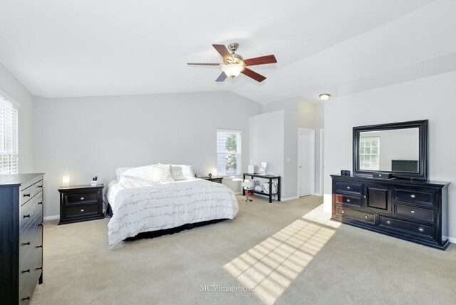 16347 W Cagwin Dr, Lockport, IL 60441 - bedroom featuring light colored carpet, lofted ceiling, and ceiling fan