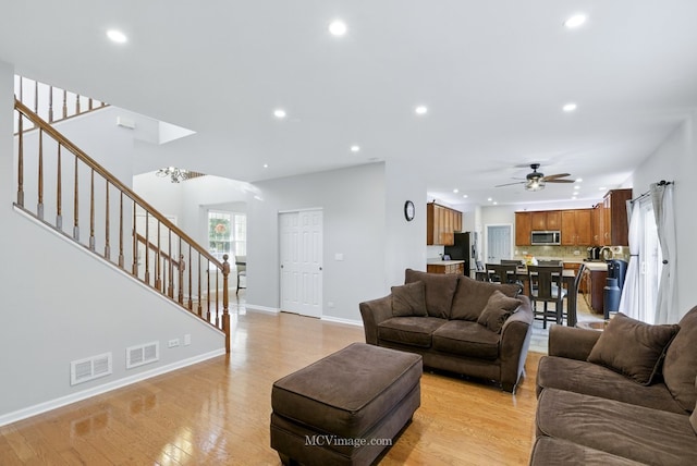 16347 W Cagwin Dr, Lockport, IL 60441 - living area with stairway, recessed lighting, ceiling fan, and light wood-style flooring