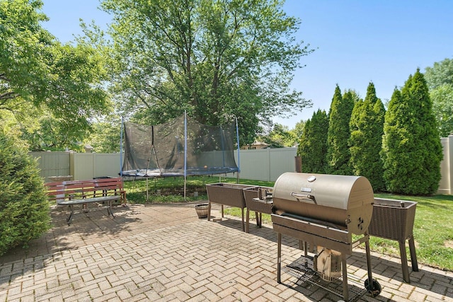 fenced backyard with a trampoline, a patio area, and a grill