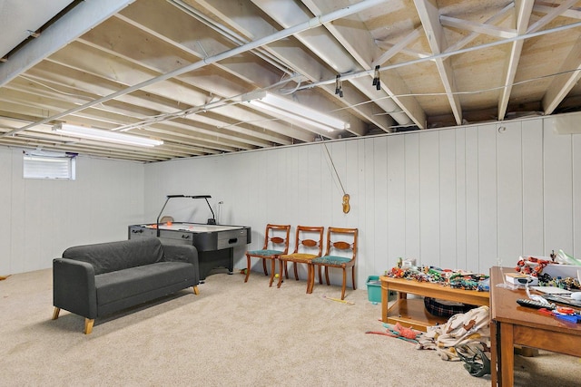 basement with carpet and wooden walls
