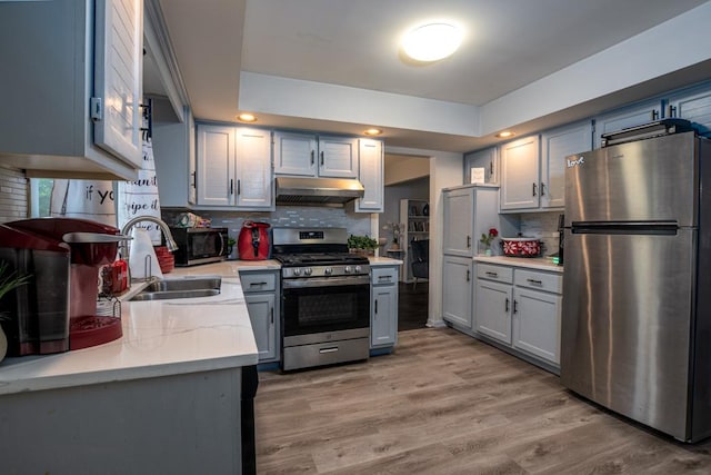3142 Monterey Dr, Flossmoor, IL 60422 - kitchen with appliances with stainless steel finishes, a sink, under cabinet range hood, light countertops, and decorative backsplash