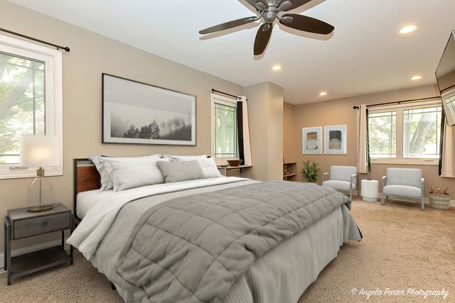 34942 N Gogol Ave, Ingleside, IL 60041 - bedroom featuring light carpet, recessed lighting, and a ceiling fan