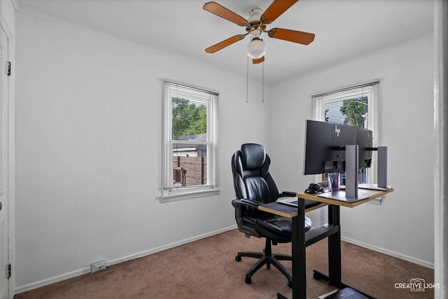 424 Howard Ave, Aurora, IL 60506 - carpeted home office with crown molding, baseboards, and ceiling fan