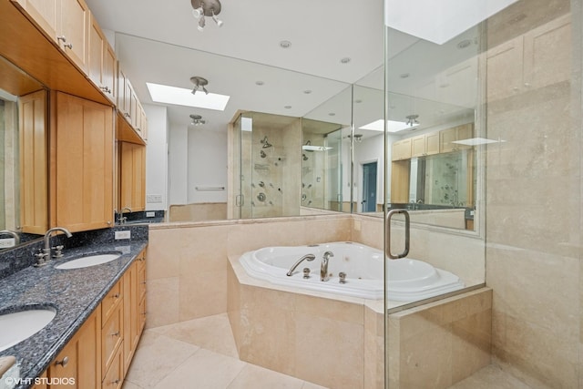 1 Renaissance Pl Unit 3Ph, Palatine, IL 60067 - full bath featuring a skylight, a shower stall, a jetted tub, double vanity, and tile patterned flooring
