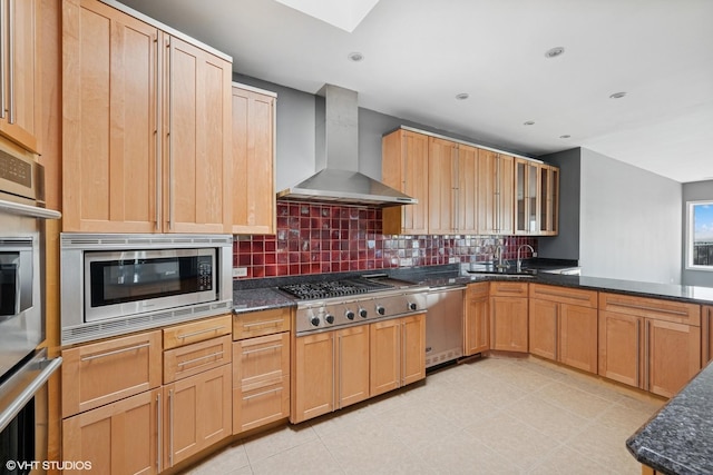 1 Renaissance Pl Unit 3Ph, Palatine, IL 60067 - kitchen featuring wall chimney exhaust hood, stainless steel appliances, backsplash, a skylight, and glass insert cabinets