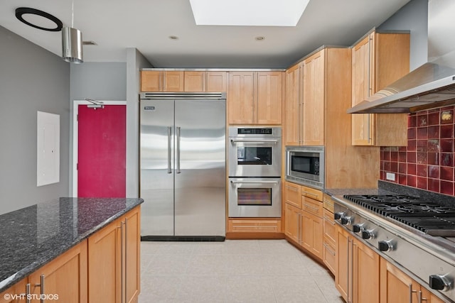 1 Renaissance Pl Unit 3Ph, Palatine, IL 60067 - kitchen with built in appliances, wall chimney range hood, backsplash, and light brown cabinetry