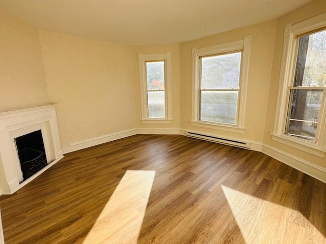 464 S Harrison Ave, Kankakee, IL 60901 - unfurnished living room featuring a baseboard radiator, wood finished floors, baseboards, and a fireplace